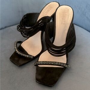 Schutz Strappy Stilettos with Black Rhinestone detail